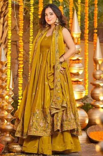 Heavy yellow silk gown & palazzo set