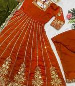 Orange fandy satin luxury anarkali set