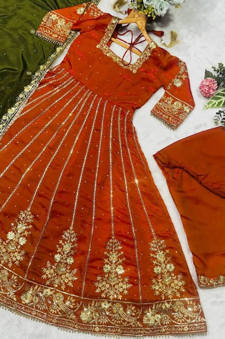 Orange fandy satin luxury anarkali set