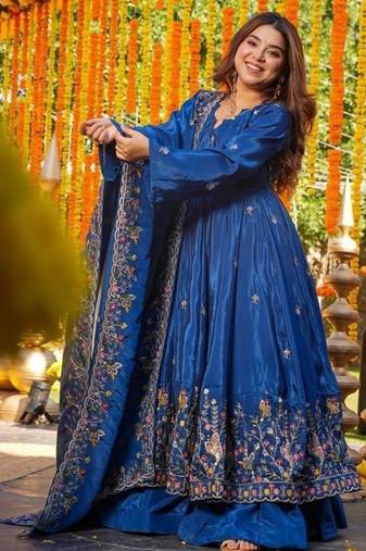 Heavy blue silk gown & palazzo set