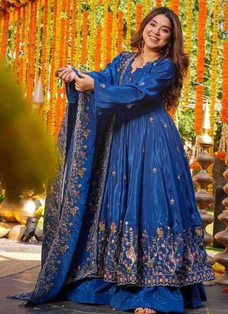 Heavy blue silk gown & palazzo set