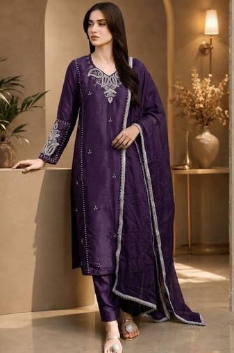 Elanora purple satin roman silk suit with heavy beads work