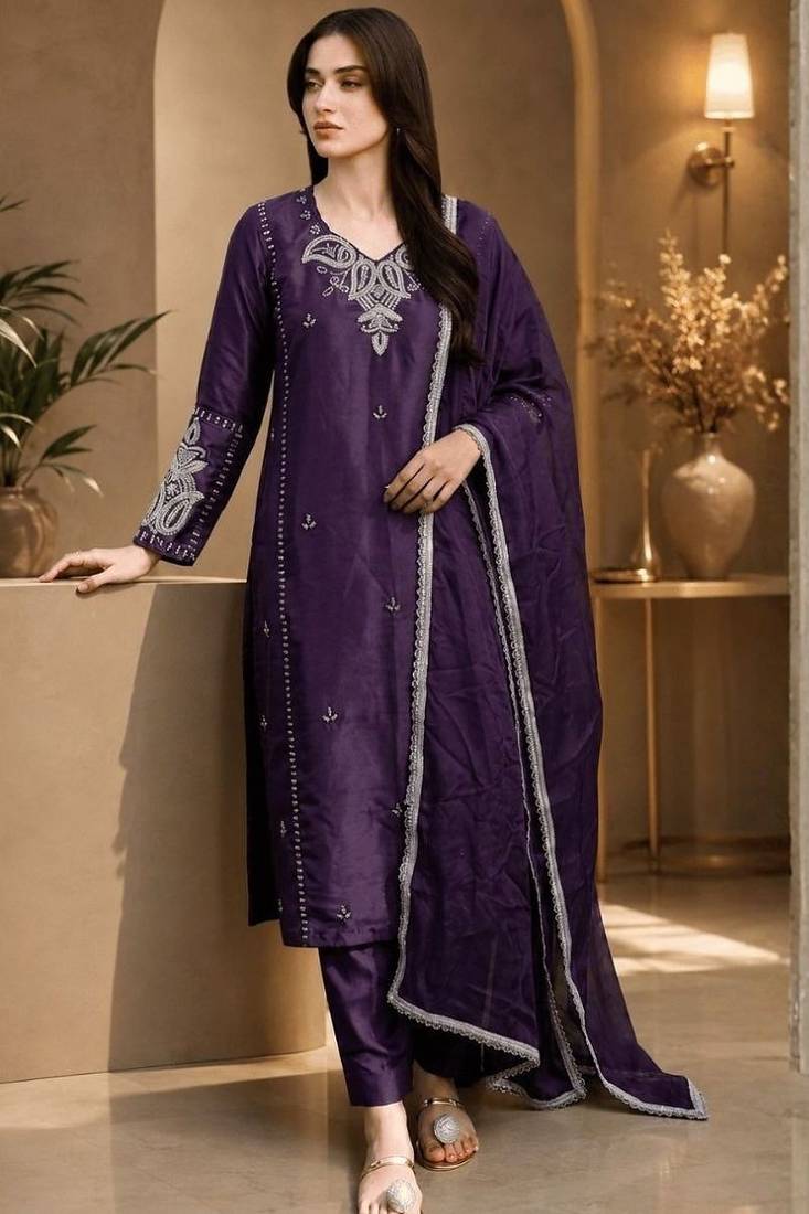 Elanora purple satin roman silk suit with heavy beads work