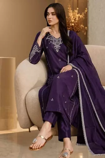Elanora purple satin roman silk suit with heavy beads work