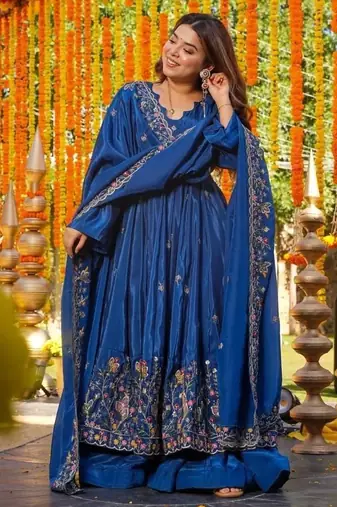 Heavy blue silk gown & palazzo set