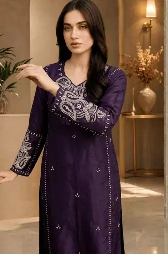 Elanora purple satin roman silk suit with heavy beads work
