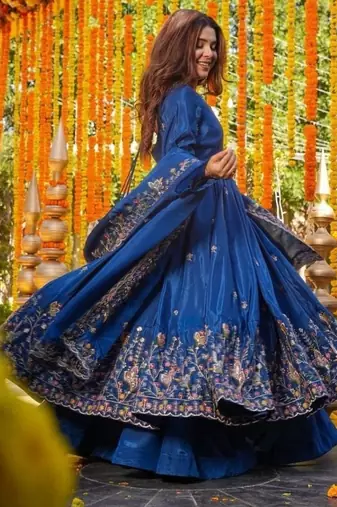 Heavy blue silk gown & palazzo set