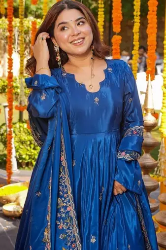 Heavy blue silk gown & palazzo set