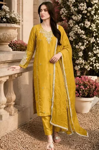 Laxury yellow satin roman silk suit with heavy beads work