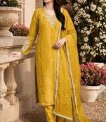Laxury yellow satin roman silk suit with heavy beads work
