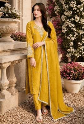 Laxury yellow satin roman silk suit with heavy beads work 2