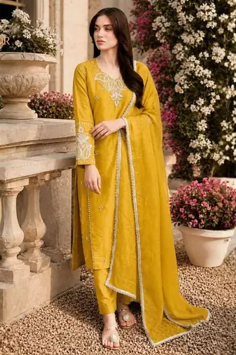 Laxury yellow satin roman silk suit with heavy beads work