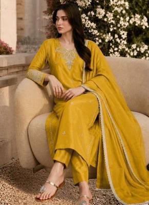 Laxury yellow satin roman silk suit with heavy beads work 3