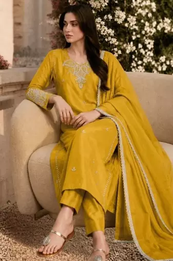 Laxury yellow satin roman silk suit with heavy beads work