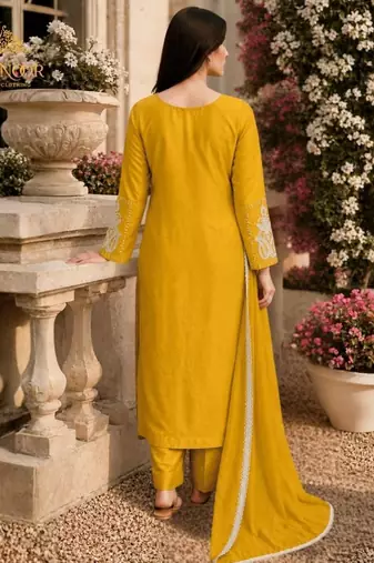 Laxury yellow satin roman silk suit with heavy beads work