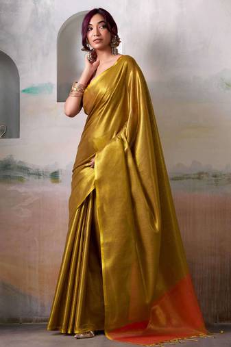 Mustard colour elegant tissue silk saree with unstitch blouse