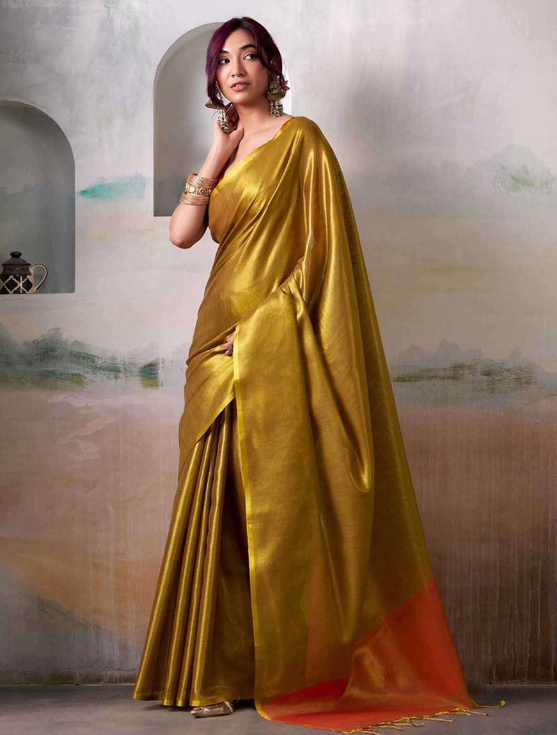 Mustard colour elegant tissue silk saree with unstitch blouse