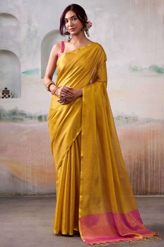 Yellow colour elegant tissue silk saree with unstitch blouse
