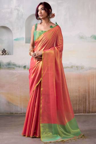 Peach colour elegant tissue silk saree with unstitch blouse