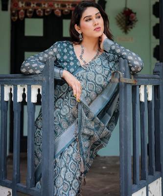 teal blue  ready to wear saree with  blouse 5