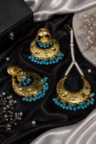 Gold tone earrings & tikka