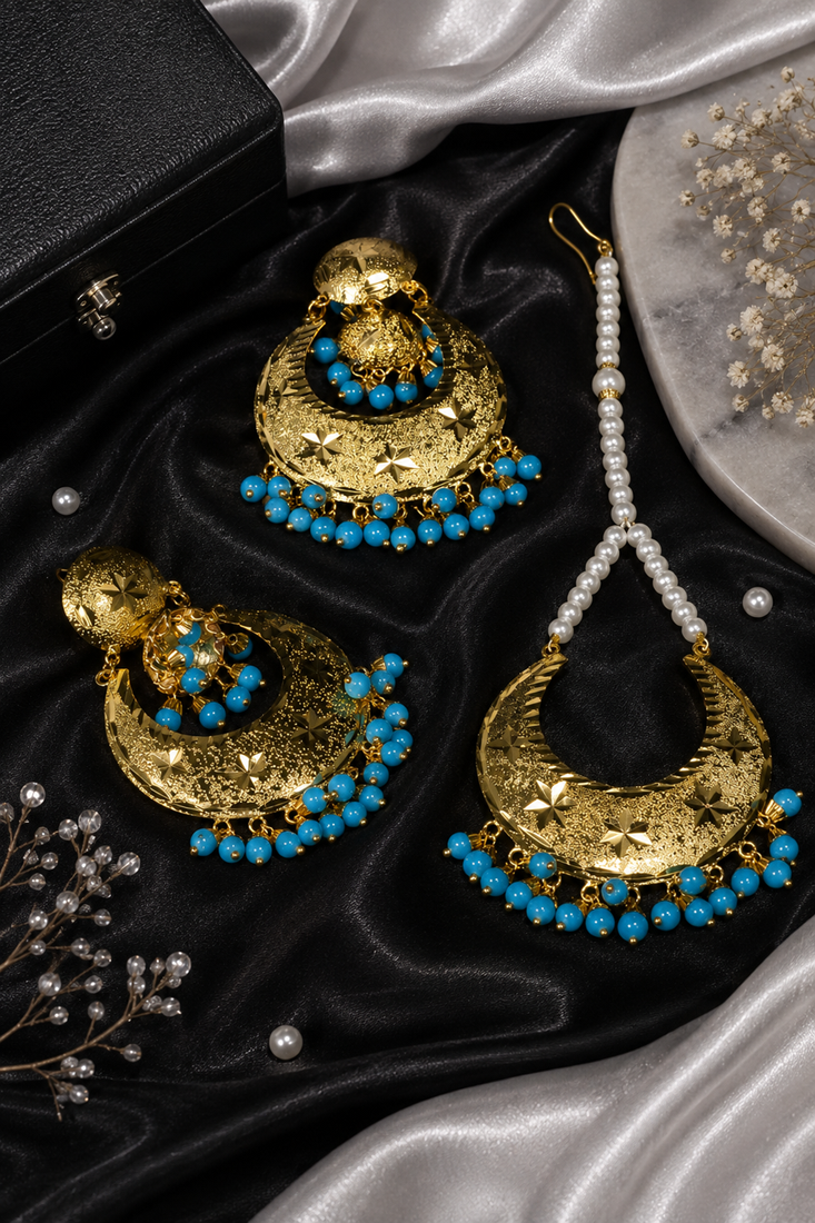 Gold tone earrings & tikka
