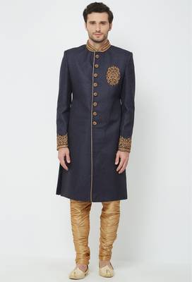 Navy blue hand embroidered jute sherwani for men 1