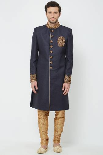 Navy blue hand embroidered jute sherwani for men