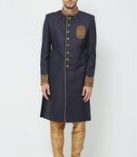 Navy blue hand embroidered jute sherwani for men