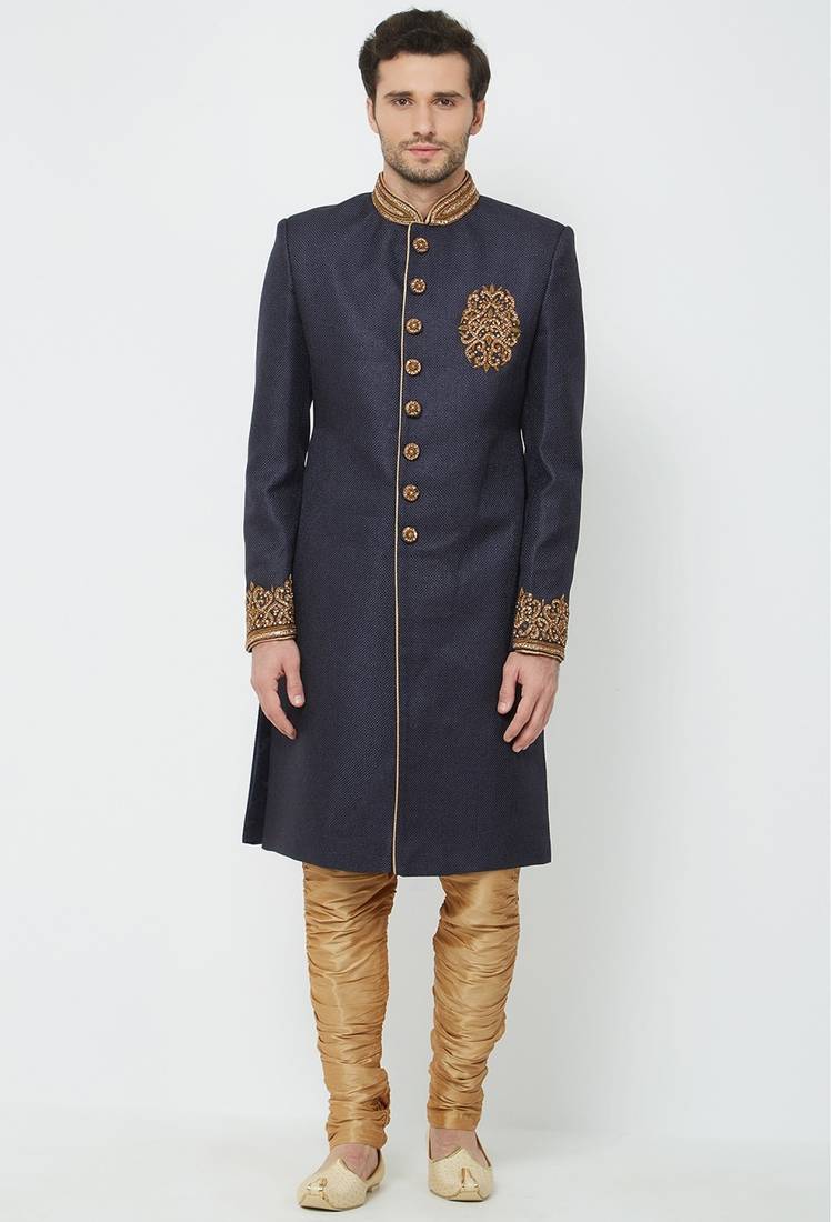 Navy blue hand embroidered jute sherwani for men