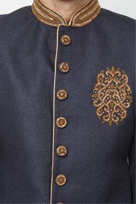 Navy blue hand embroidered jute sherwani for men 2