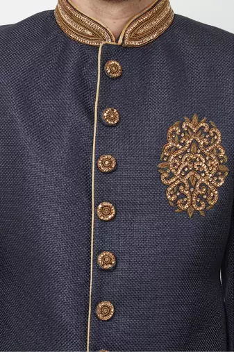 Navy blue hand embroidered jute sherwani for men