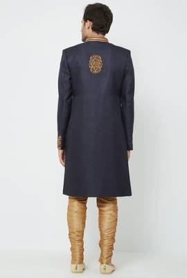 Navy blue hand embroidered jute sherwani for men 3