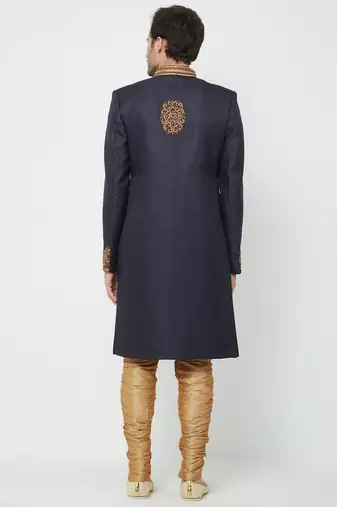 Navy blue hand embroidered jute sherwani for men