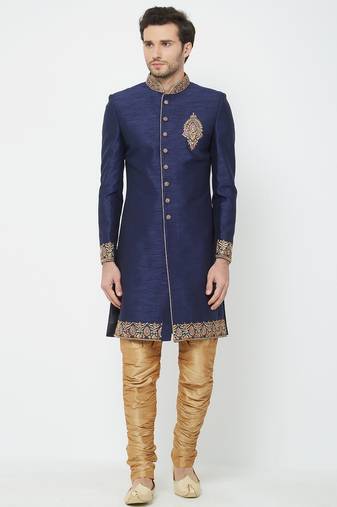 Navy blue hand embroidered art silk sherwani for men