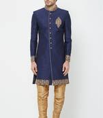 Navy blue hand embroidered art silk sherwani for men