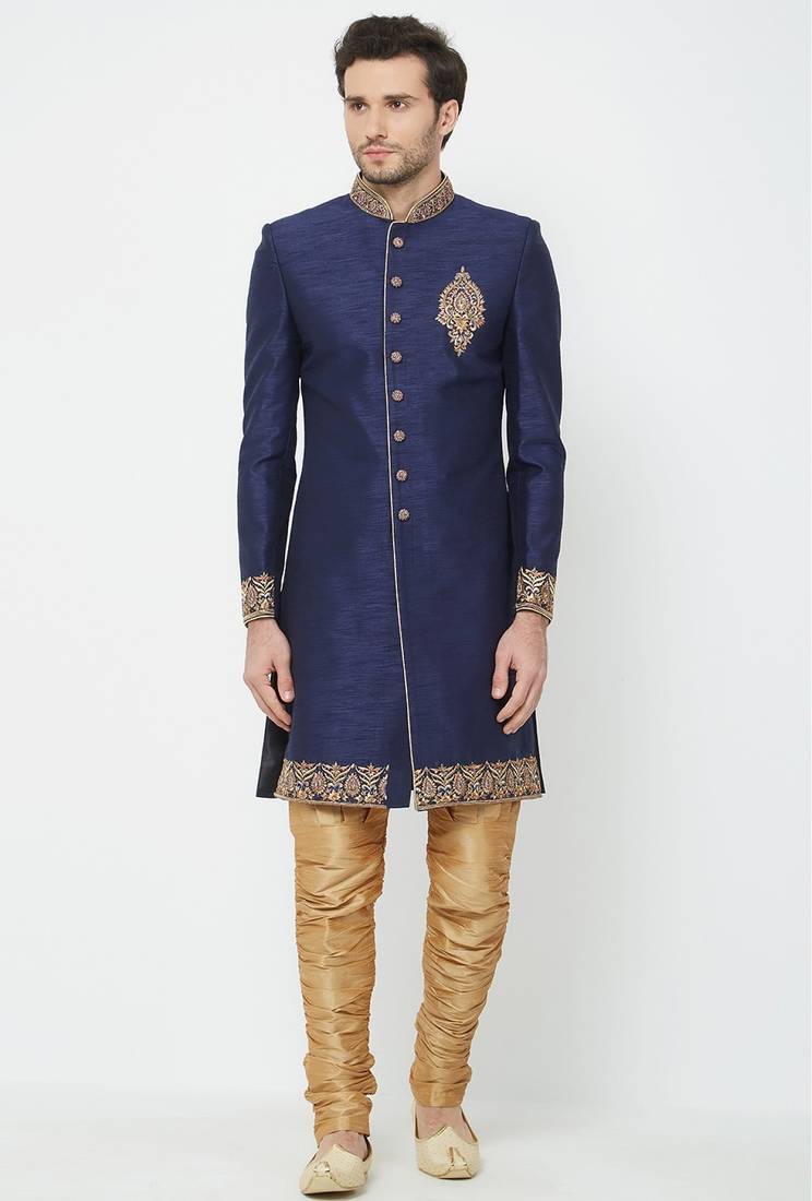 Navy blue hand embroidered art silk sherwani for men