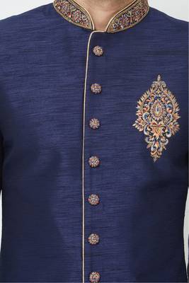 Navy blue hand embroidered art silk sherwani for men 2