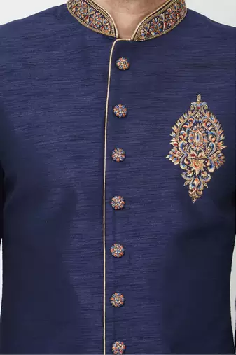 Navy blue hand embroidered art silk sherwani for men