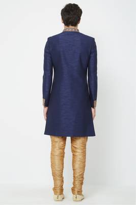 Navy blue hand embroidered art silk sherwani for men 3