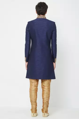 Navy blue hand embroidered art silk sherwani for men