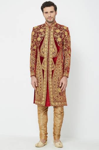 Maroon hand embroidered velvet sherwani for men
