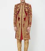 Maroon hand embroidered velvet sherwani for men
