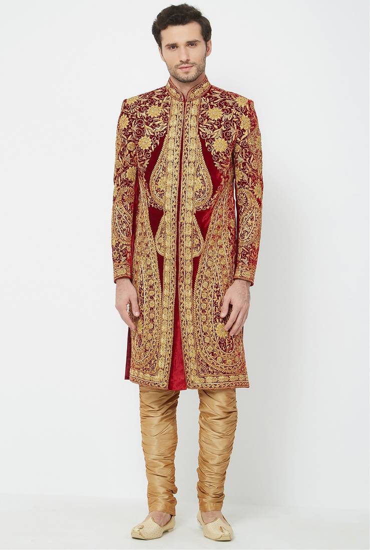 Maroon hand embroidered velvet sherwani for men