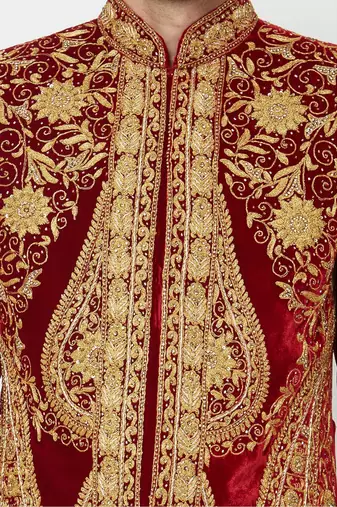 Maroon hand embroidered velvet sherwani for men