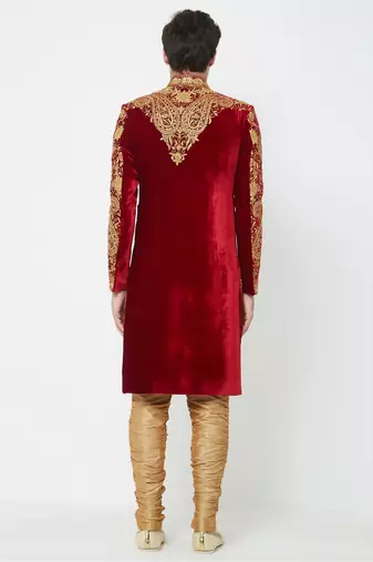 Maroon hand embroidered velvet sherwani for men