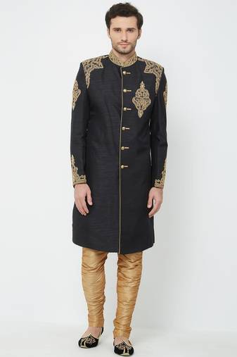 Black hand embroidered art silk sherwani for men