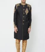Black hand embroidered art silk sherwani for men