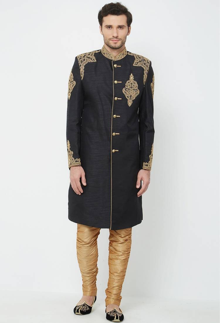 Black hand embroidered art silk sherwani for men