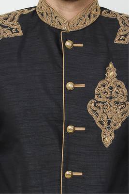 Black hand embroidered art silk sherwani for men 2